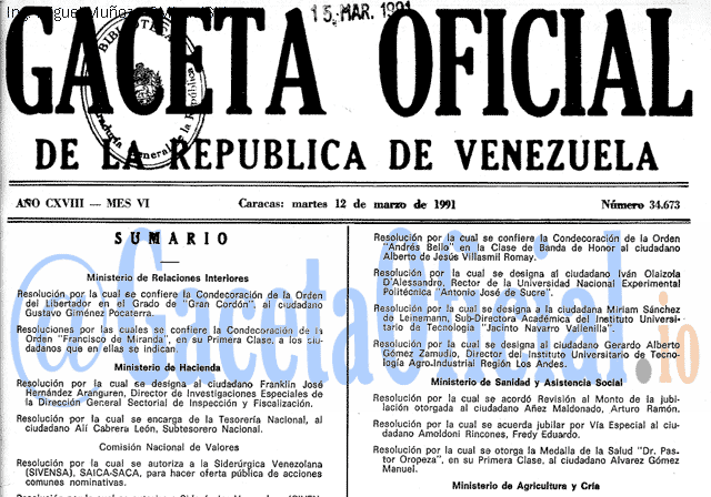 Gaceta Oficial 34673 del 12 Marzo 1991