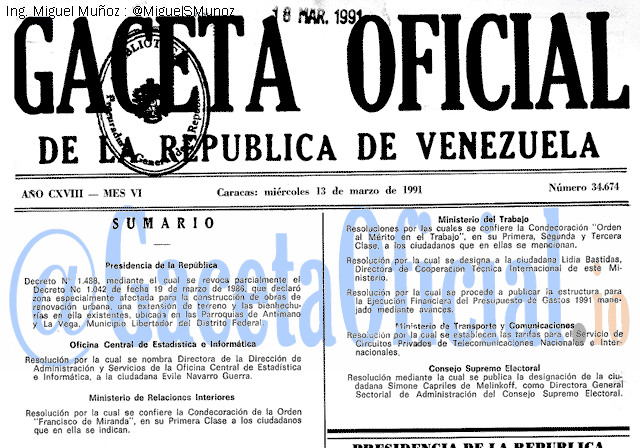 Gaceta Oficial 34674 del 13 Marzo 1991