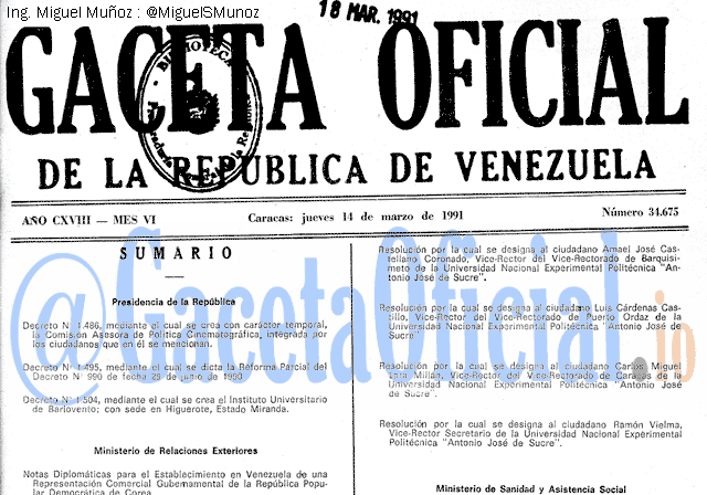 Gaceta Oficial 34675 del 14 Marzo 1991