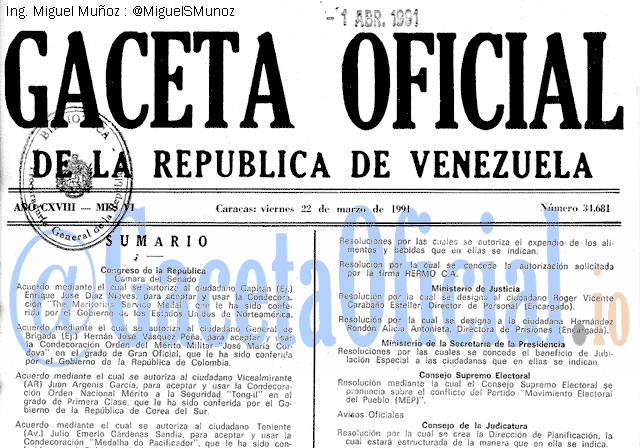 Gaceta Oficial 34681 del 22 Marzo 1991