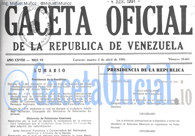 Gaceta Oficial 34685 del 2 Abril 1991