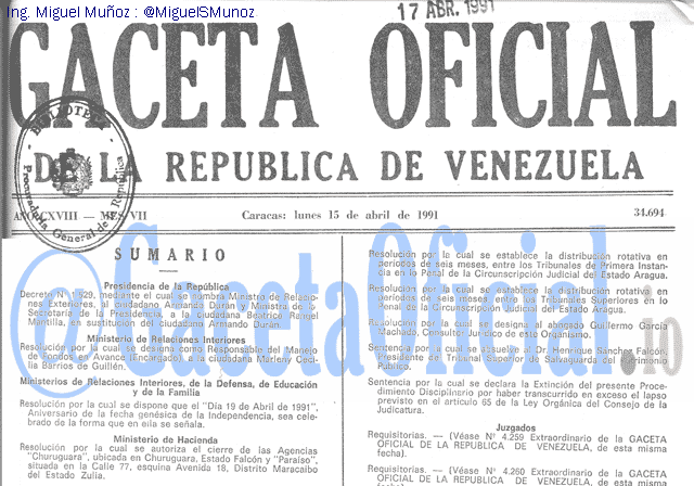 Gaceta Oficial 34694 del 15 Abril 1991