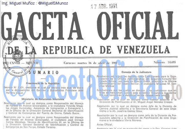 Gaceta Oficial 34695 del 16 Abril 1991