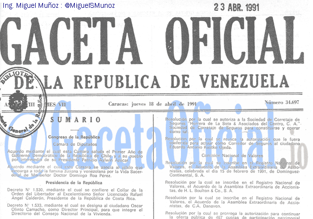 Gaceta Oficial 34697 del 18 Abril 1991