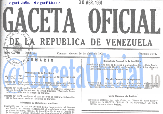Gaceta Oficial 34702 del 26 Abril 1991