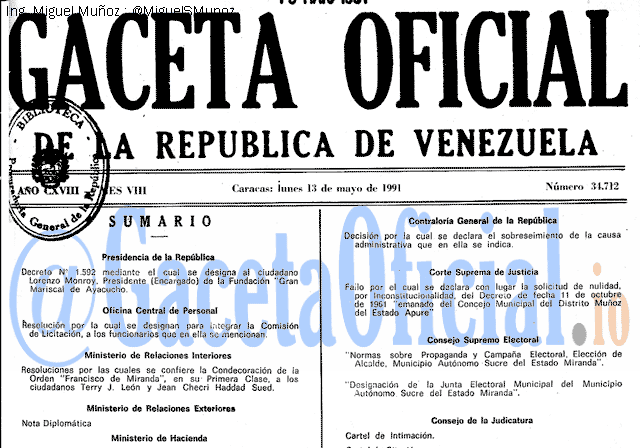 Gaceta Oficial 34712 del 13 Mayo 1991