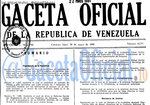 Gaceta Oficial 34717 del 20 Mayo 1991