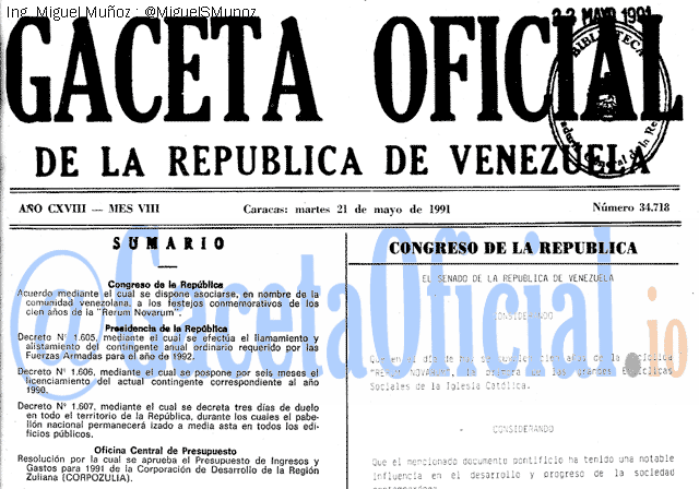 Gaceta Oficial 34718 del 21 Mayo 1991