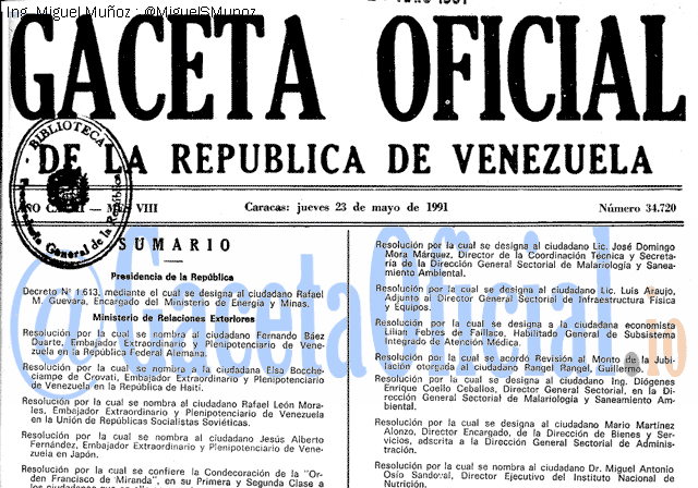 Gaceta Oficial 34720 del 23 Mayo 1991