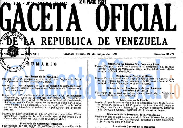 Gaceta Oficial 34721 del 24 Mayo 1991