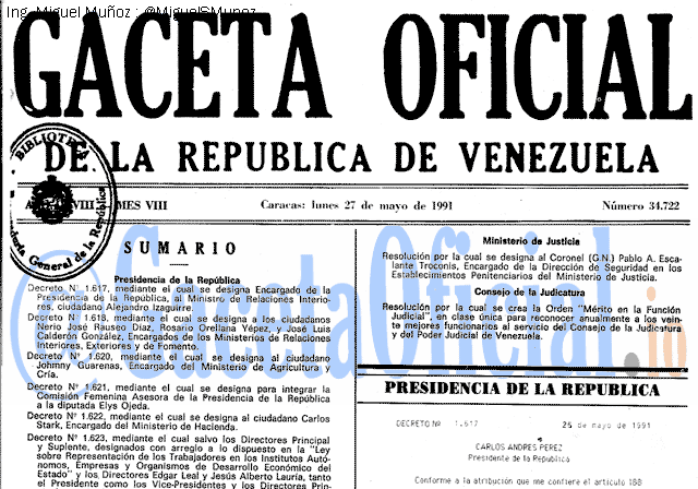 Gaceta Oficial 34722 del 27 Mayo 1991