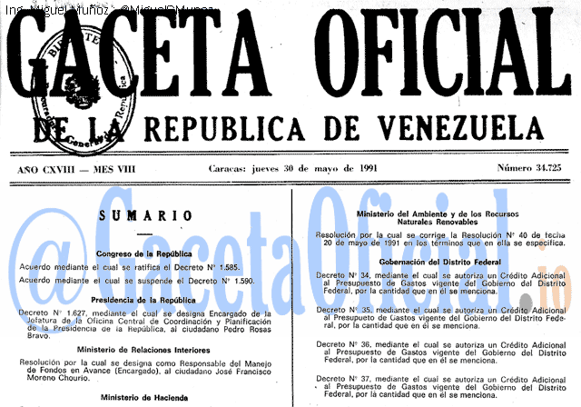 Gaceta Oficial 34725 del 30 Mayo 1991