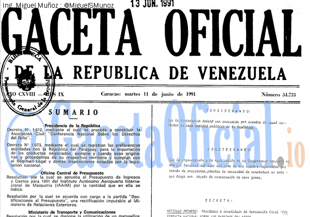 Gaceta Oficial 34733 del 11 Junio 1991