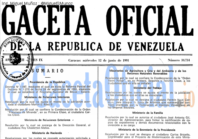 Gaceta Oficial 34734 del 12 Junio 1991