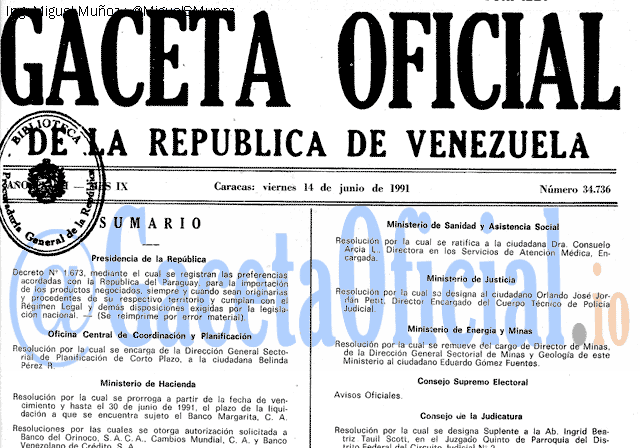 Gaceta Oficial 34736 del 14 Junio 1991