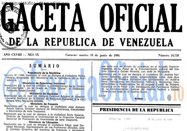 Gaceta Oficial 34738 del 18 Junio 1991