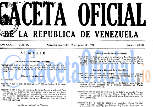 Gaceta Oficial 34739 del 19 Junio 1991