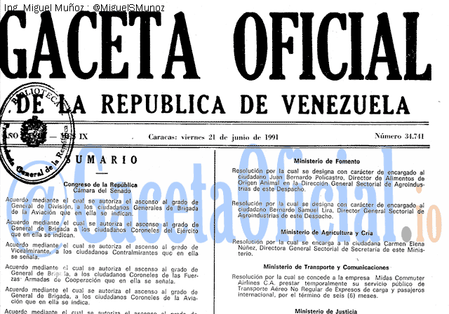 Gaceta Oficial 34741 del 21 Junio 1991
