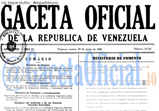 Gaceta Oficial 34742 del 25 Junio 1991