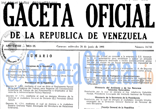 Gaceta Oficial 34743 del 26 Junio 1991