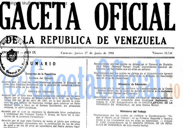Gaceta Oficial 34744 del 27 Junio 1991