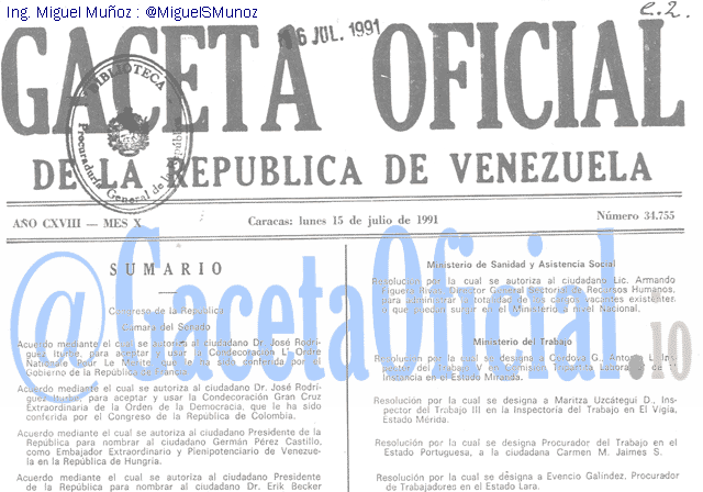 Gaceta Oficial 34755 del 15 Julio 1991