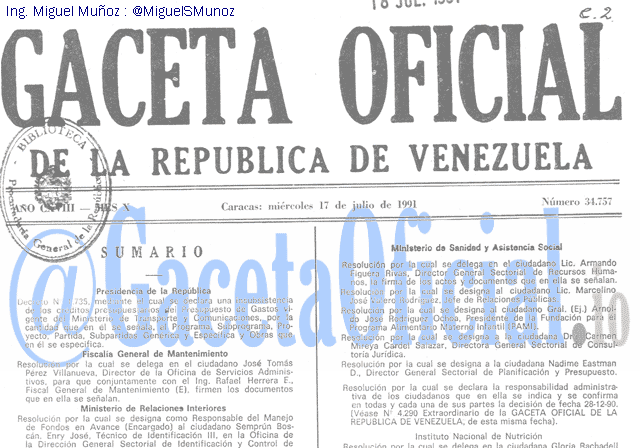 Gaceta Oficial 34757 del 17 Julio 1991