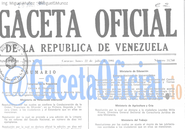 Gaceta Oficial 34760 del 22 Julio 1991