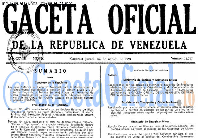 Gaceta Oficial 34767 del 1 Agosto 1991