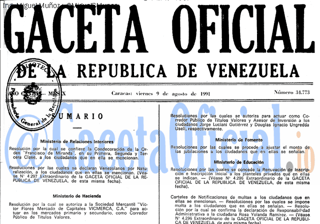 Gaceta Oficial 34773 del 9 Agosto 1991