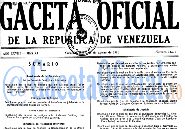 Gaceta Oficial 34777 del 15 Agosto 1991