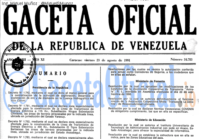 Gaceta Oficial 34783 del 23 Agosto 1991