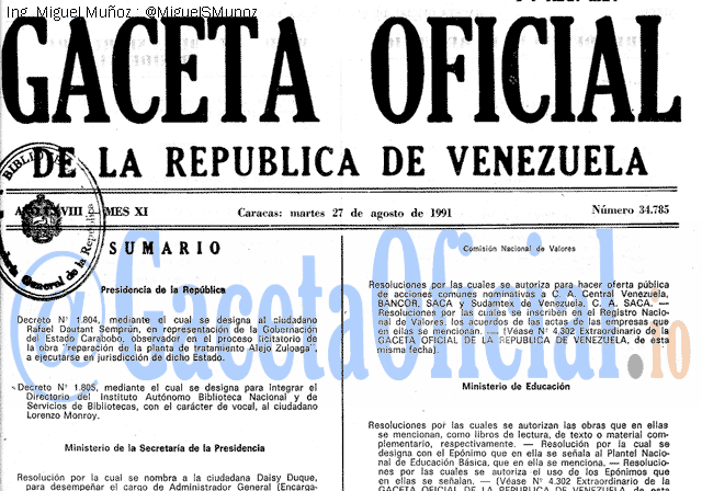 Gaceta Oficial 34785 del 27 Agosto 1991