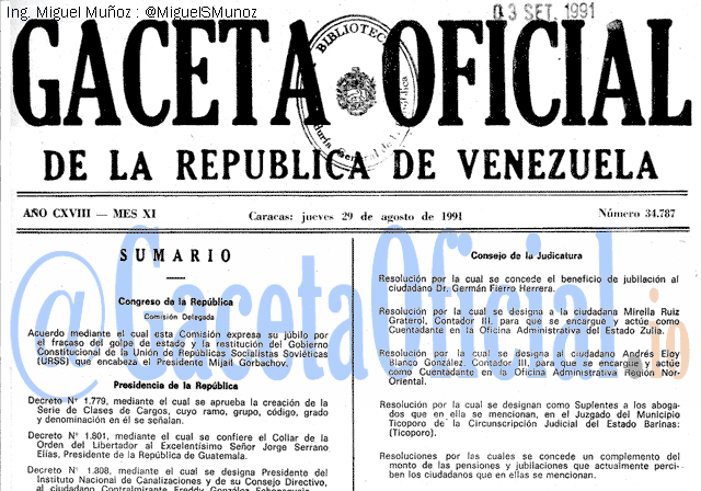 Gaceta Oficial 34787 del 29 Agosto 1991