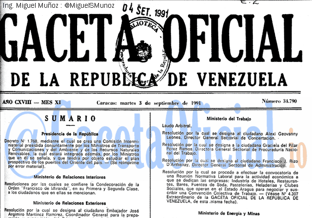 Gaceta Oficial 34790 del 3 Septiembre 1991