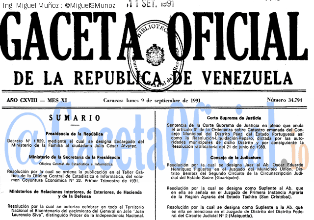 Gaceta Oficial 34794 del 9 Septiembre 1991