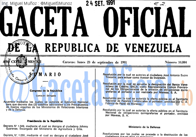 Gaceta Oficial 34804 del 23 Septiembre 1991