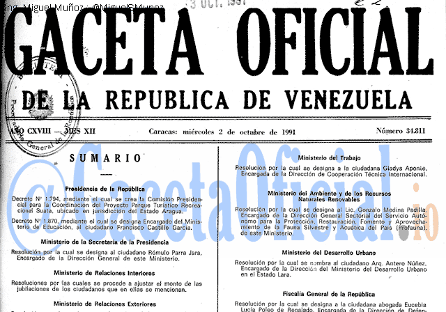Gaceta Oficial 34811 del 2 Octubre 1991