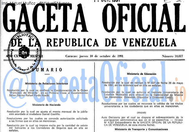 Gaceta Oficial 34817 del 10 Octubre 1991