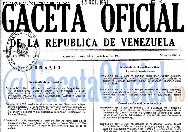 Gaceta Oficial 34819 del 14 Octubre 1991