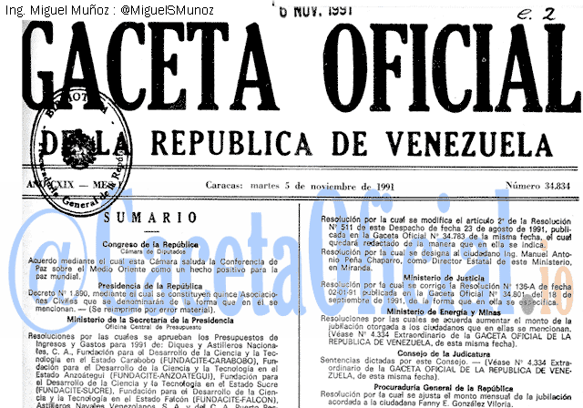 Gaceta Oficial 34834 del 5 Noviembre 1991