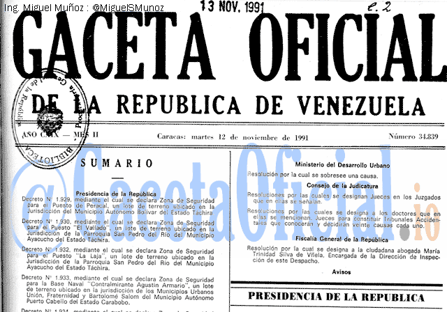 Gaceta Oficial 34839 del 12 Noviembre 1991