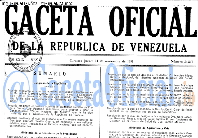 Gaceta Oficial 34841 del 14 Noviembre 1991