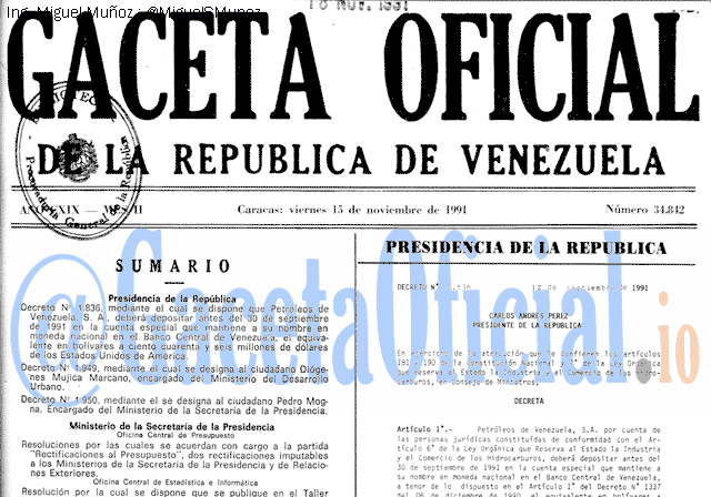 Gaceta Oficial 34842 del 15 Noviembre 1991