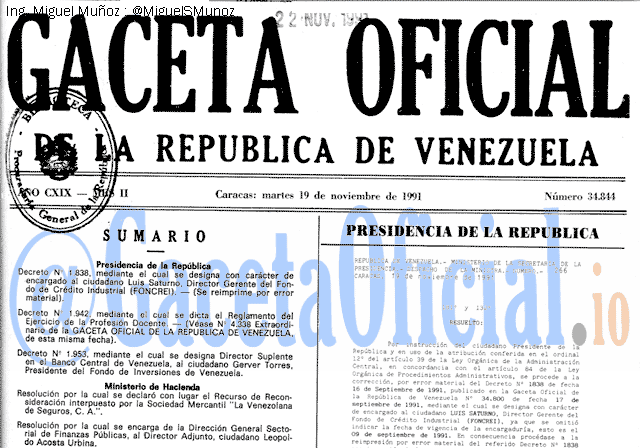 Gaceta Oficial 34844 del 19 Noviembre 1991