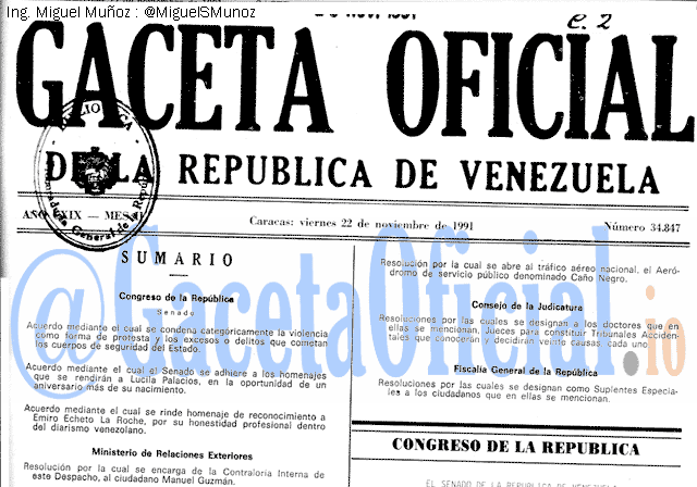 Gaceta Oficial 34847 del 22 Noviembre 1991