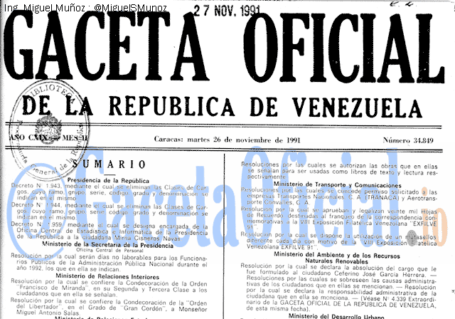 Gaceta Oficial 34849 del 26 Noviembre 1991