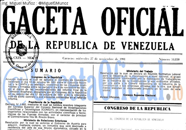 Gaceta Oficial 34850 del 27 Noviembre 1991