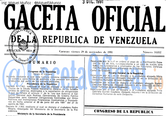Gaceta Oficial 34852 del 29 Noviembre 1991