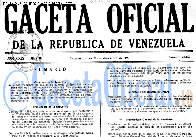 Gaceta Oficial 34853 del 2 Diciembre 1991